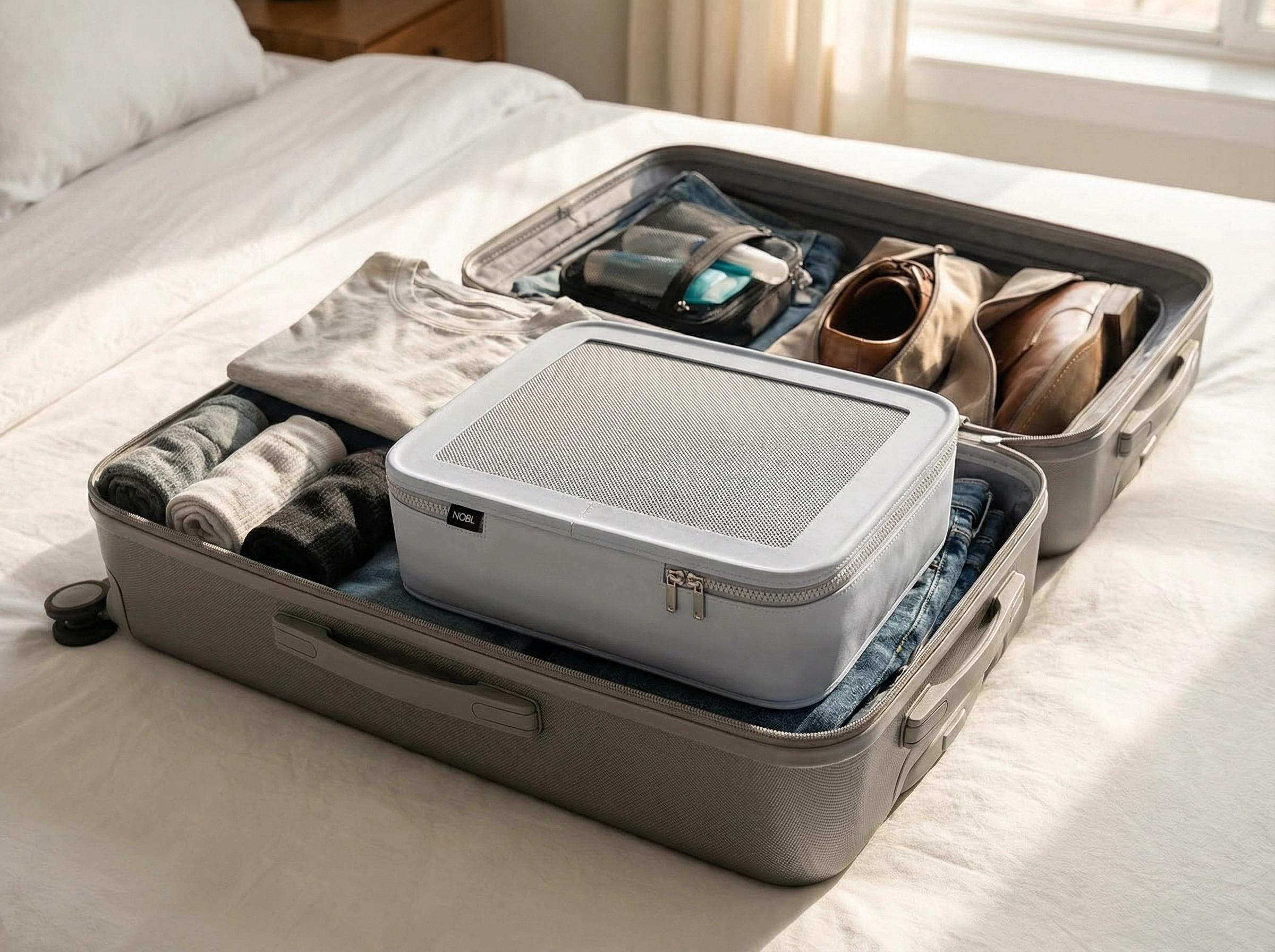 NOBL packing cubes in suitcase